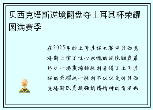 贝西克塔斯逆境翻盘夺土耳其杯荣耀圆满赛季 贝西克塔斯逆境翻盘夺土耳其杯荣耀圆满赛季